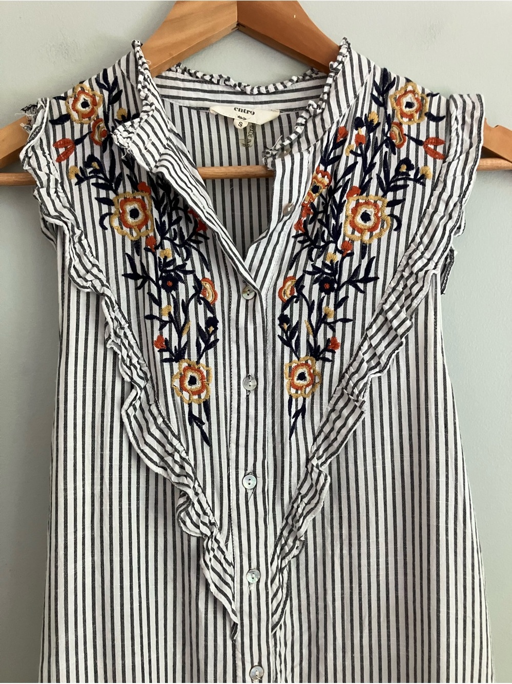 ENTRO Blue and White Striped Floral Embroidered Shirt Tank Dress Size S - Picture 5 of 14
